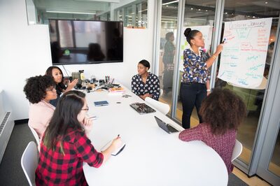 Trainer presenting to representatives at a whiteboard